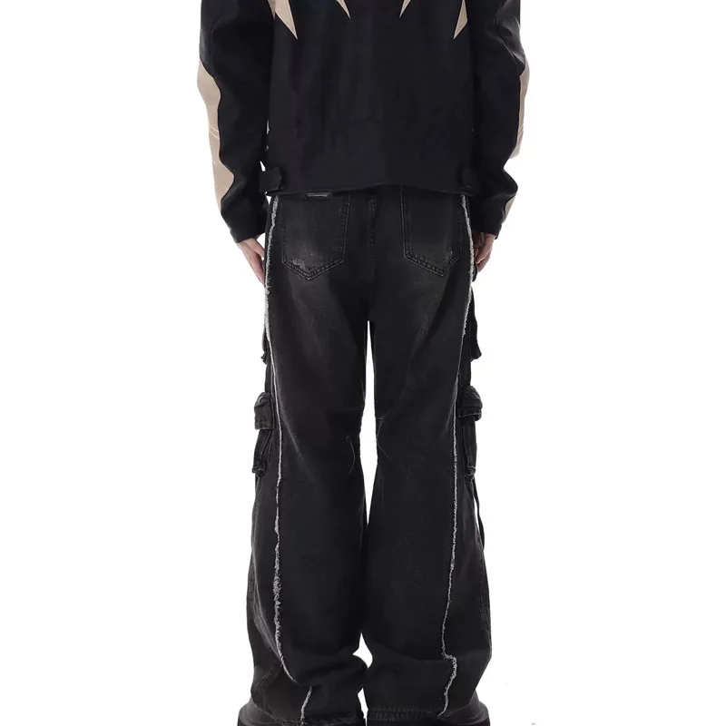 2025 Cyber Y2K Streetwear Washed Black Baggy Ripped Cargo Jeans Pants For Men Clothing Multi Pockets Wide Leg Hip Hop Trousers