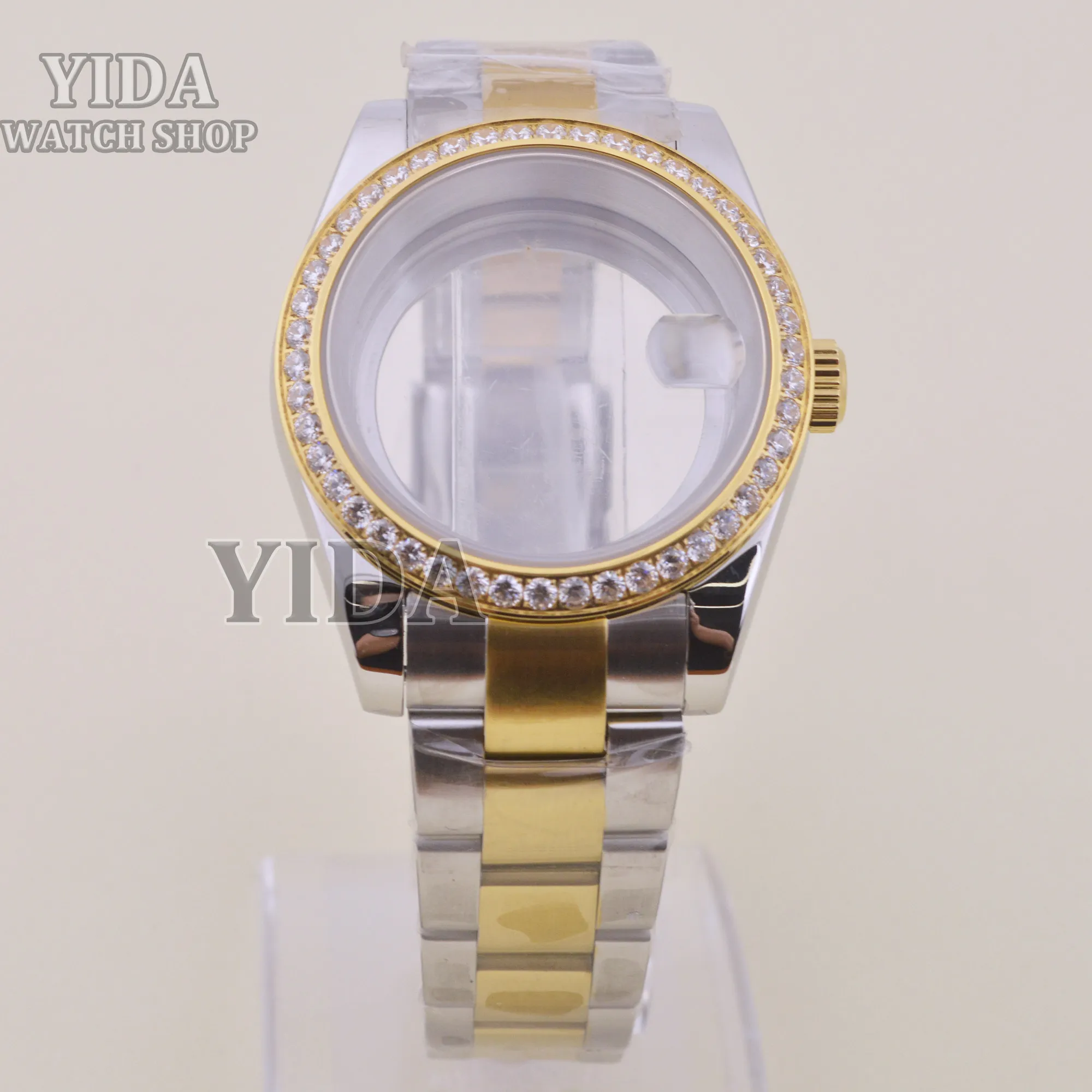 Caja de reloj NH35 de 39mm, banda de acero inoxidable, cristal de zafiro, caja de reloj con diamantes para movimiento Datejust NH35/36, piezas impermeables de 10ATM