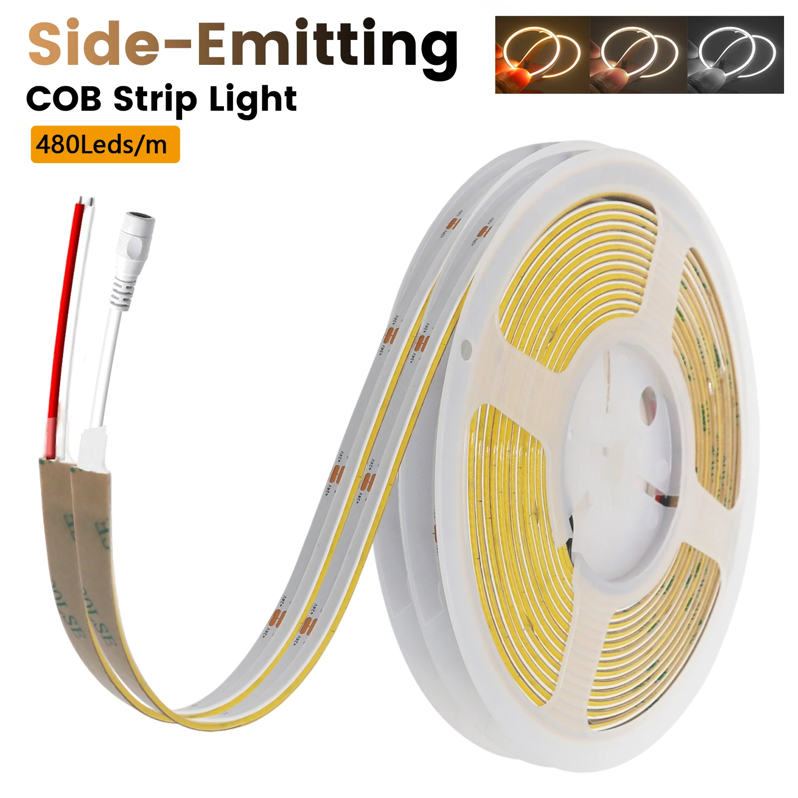 High Density COB LED Strip Light Side-Emitting DC 24V 3000K 4000K 6000K Flexible Tape 480Leds/M 8MM PCB for Room Backlight Decor