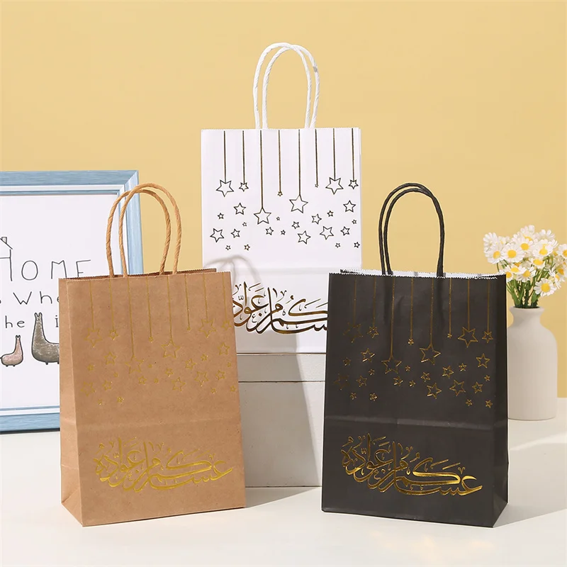 StoBag 24pcs Ramadan Eid Mubarak Kraft paper Bags Tote Gift Packaging Kids Children for Candy Snack Storage Pouch Party Favors