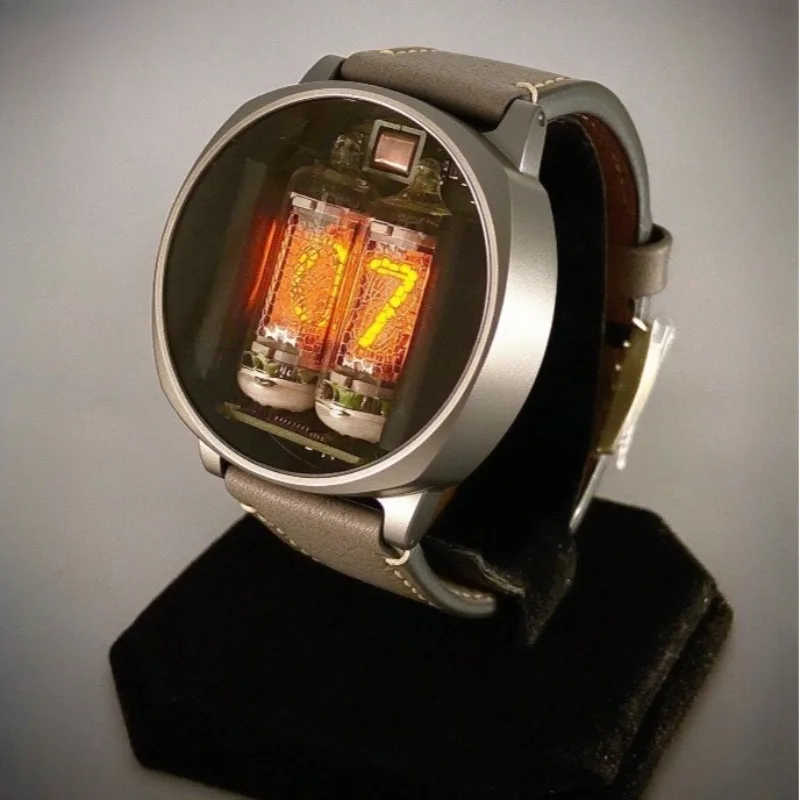 Retro Nixie Tube Watch with Charger Luxury Men Digital Wrist Watch Men's Leather Strap Wristwatch Wireless Charging Timepiece