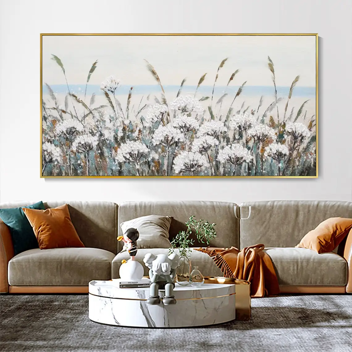 

Large Abstract White Floral Vibrant Plant Winter Grey Dandelion Scenery Modern Thick Texture Hand Painted Oil Painting Wall Art