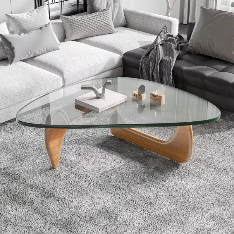 19mm Thick Modern Tempered Coffee Glass Table Vintage End Table Solid Wood Base and Triangle Clear Glass Table for Living Room