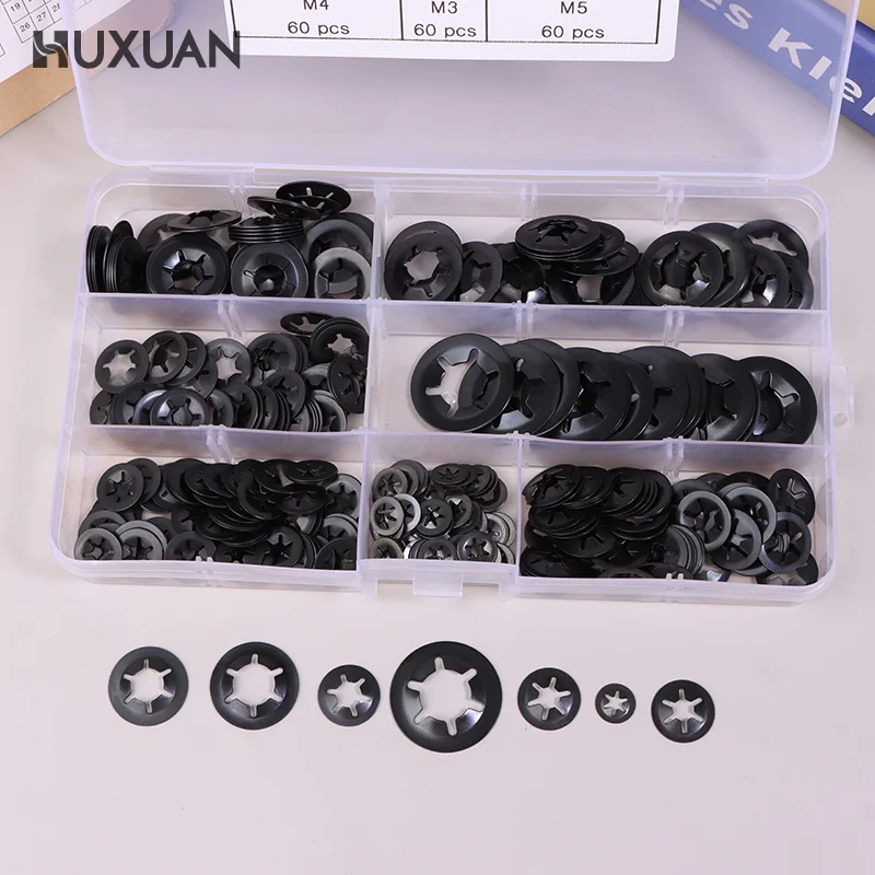 340pcs/box M3-M12 External Circlip Self-Locking Retaining Clip Push On Shaft Bearing Snap Ring Washer Kit Set Black 65mn Steel