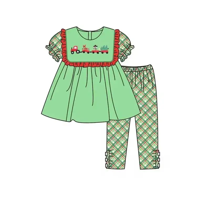 

Christmas boutique children set short-sleeved elastic truck tree snowman print trousers elastic girl boy plaid set baby romper