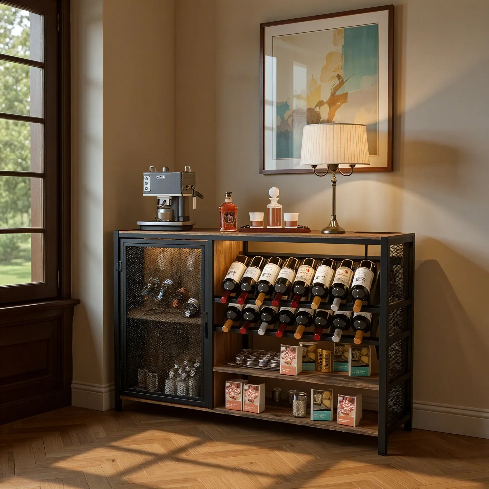 

Wine Bottle Bar Cabinet Wooden Wine Cabinet With Light And Mesh door/Power socket Suitable For Kitchen Family Restaurant bar