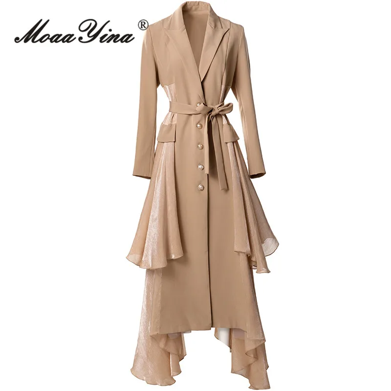 MoaaYina Autumn/Winter Fashion Women\'s Coat Long-sleeve Single-Breasted Flounced Edge Vintage Solid Color S-3XL Overcoat