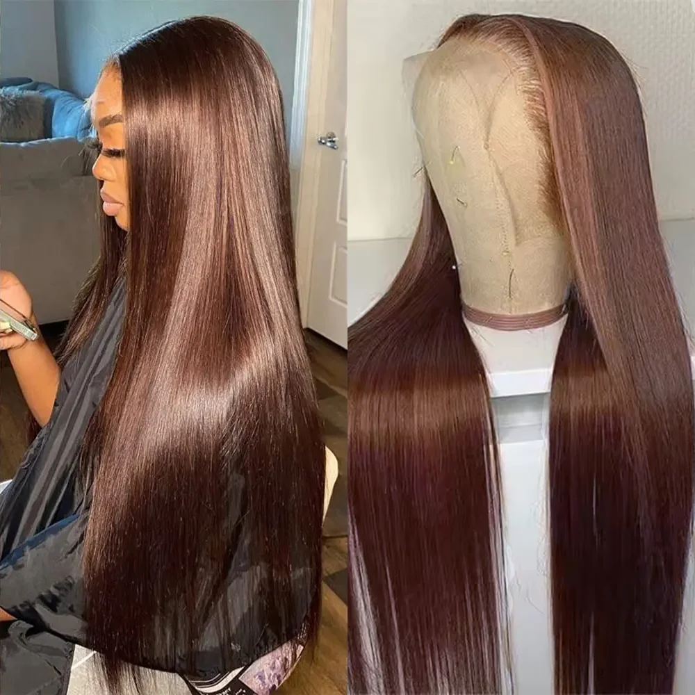 

46 Inch 4# 13x6 Chocolate Brown Straight Lace Front Wigs Human Hair HD Transparent Lace Frontal Wig Pre Plucked Wigs 200 Density