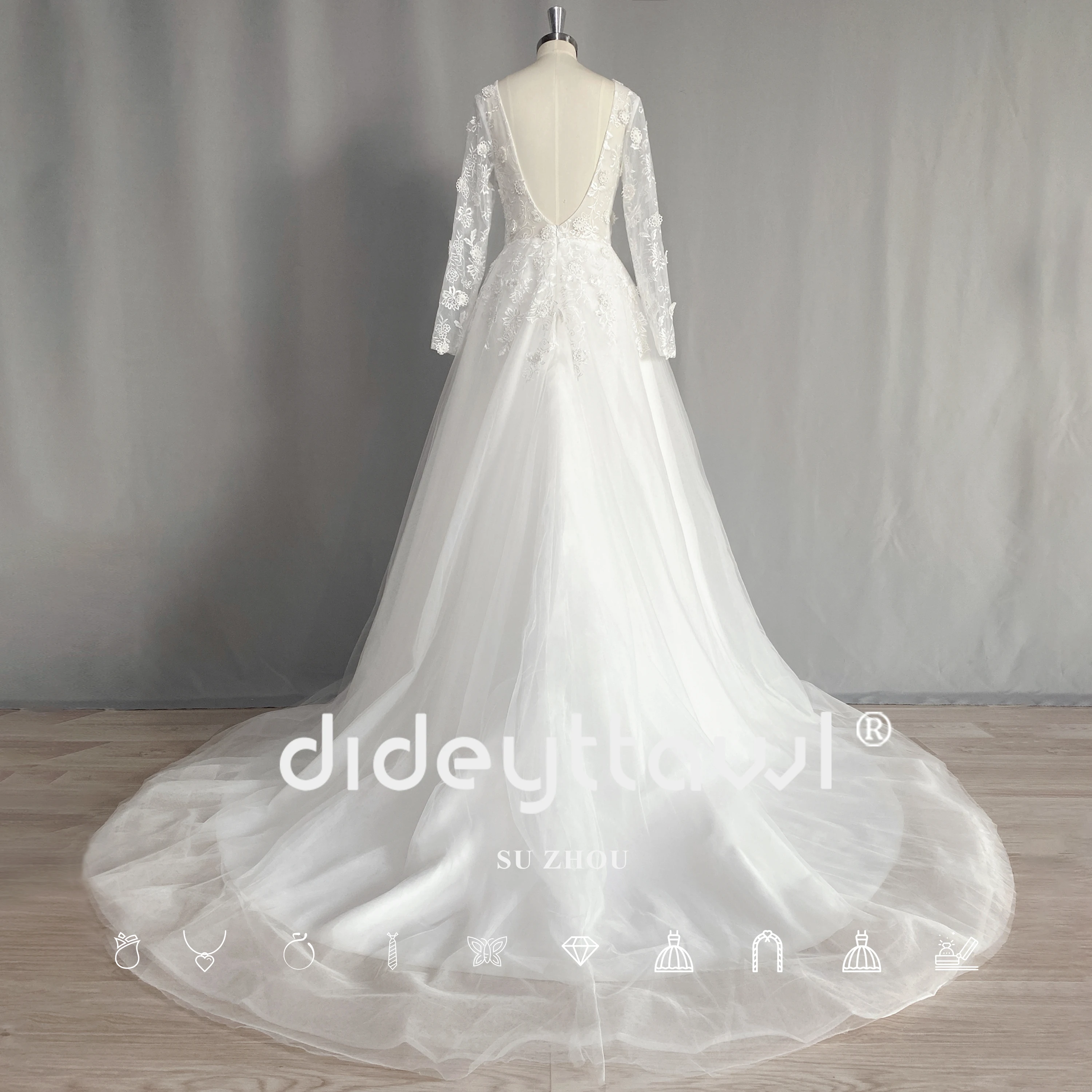 Dideyttawl foto real boêmio manga longa vestidos de casamento foto real v pescoço fenda uma linha 3d floral rendas e tule vestidos de noiva