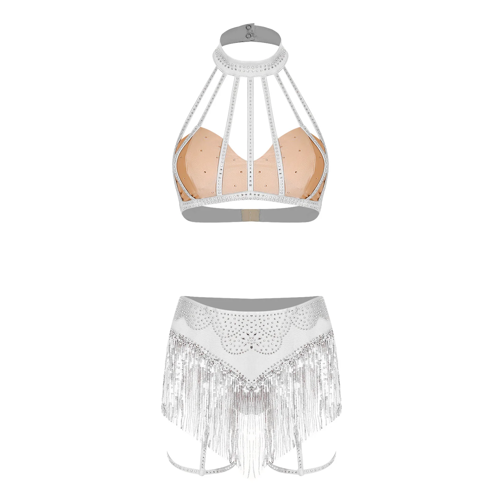 Women Sexy Belly Dance Costume Glittery Rhinestone Halter Cage Crop Tops Tassel Briefs with Garter Thigh Bands Carnival Clubwear