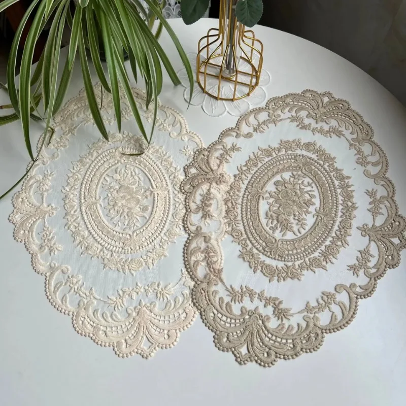 Oval Lace Embroidery Table Place Mat Ins Christmas Pads Cloth Placemat Cup Coffee Tea Coaster Doily Kitchen Table Decoration