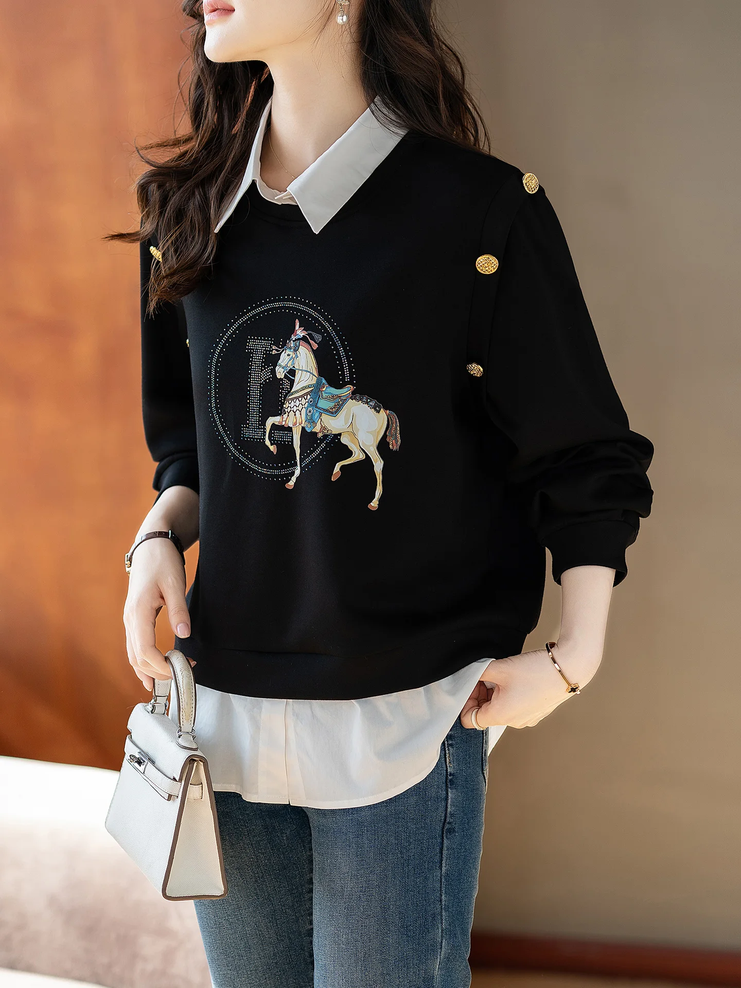 Fashionable Color Block Long Sleeve Hoodie Women's Autumn Wear Elegant Printed Collar T-Shirt Style Casual Loose Fit Breathable