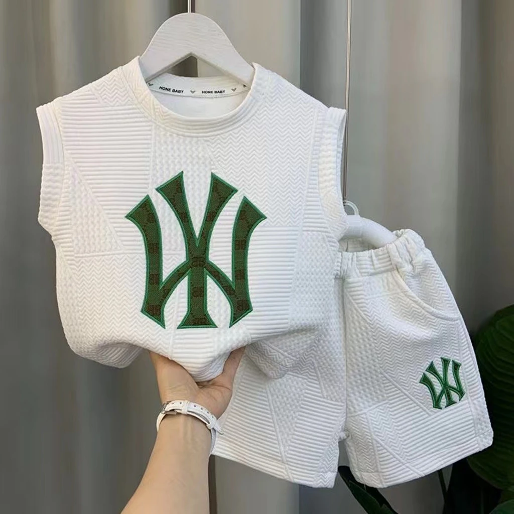 Traje deportivo informal de verano para bebés, ropa para niños, camiseta sin mangas, Tops y pantalones, ropa bordada de 2 piezas
