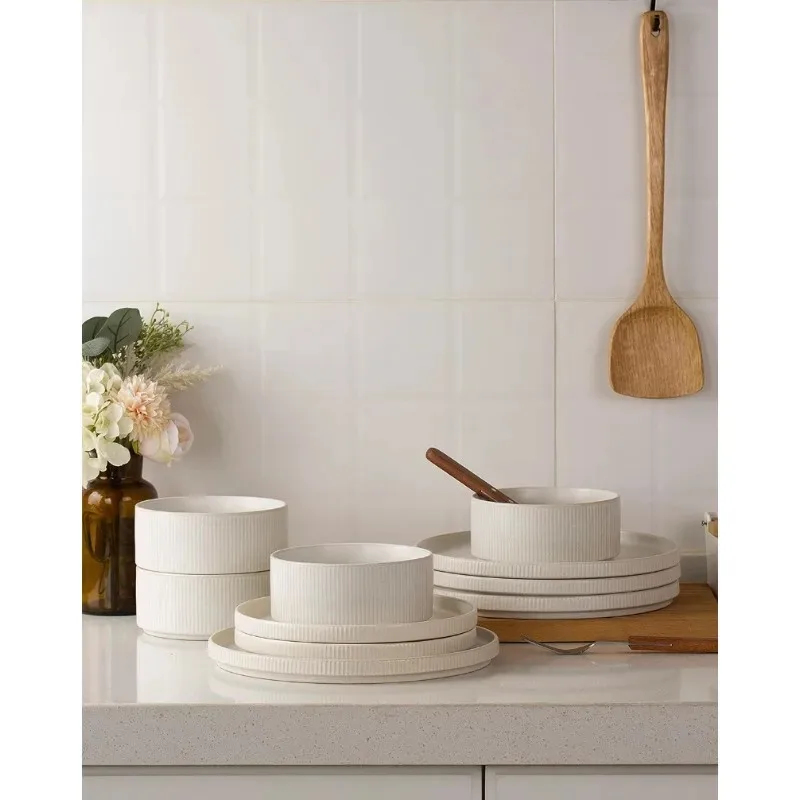 Star Dinnerware Sets, Plates and Bowls Set for 4, 12 Piece Dish Set, Full Glaze Matte