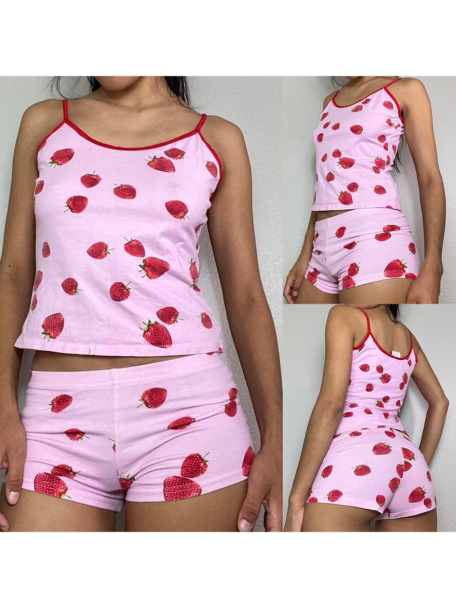 Women s Summer Shorts Outfits Strawberry Cherry Bow Pattern Camisole Crop Tops with Shorts 2 Pcs Set for Outwear Indoor
