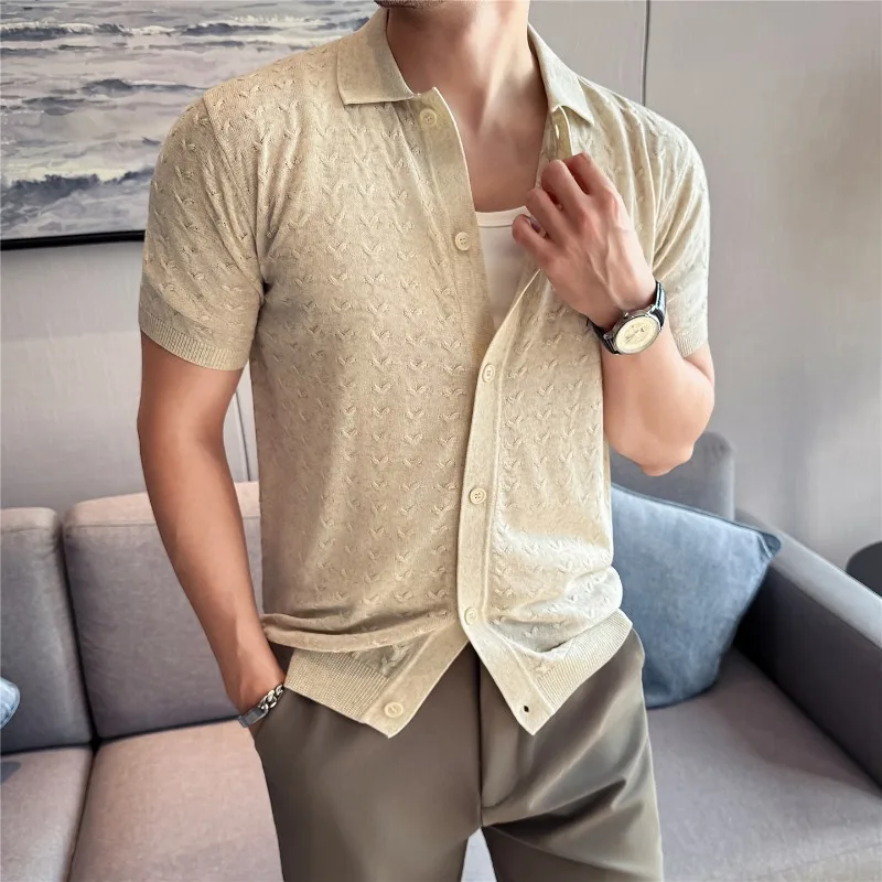 Summer New Arrival Men's Short Sleeve Knitted Cardigan T-shirt, Lyocell & Linen Jacquard Hollow-Out Lapel T-shirt