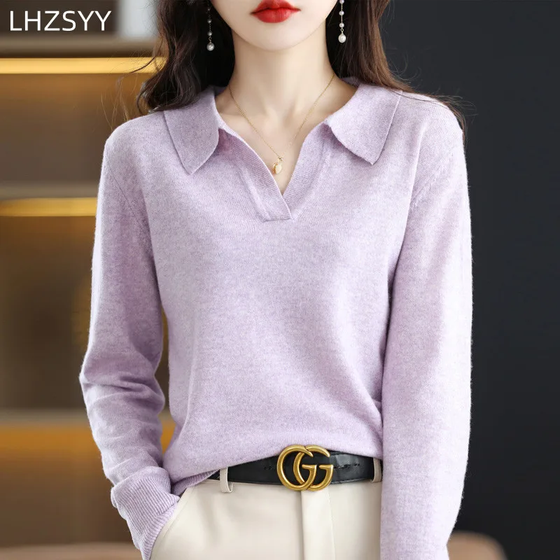 PoLo Collar Merino Wool Sweater Spring Loose Knit Pullover Women Shirt Warm Cashmere Sweater Large Size Top Female Jacket Jumper