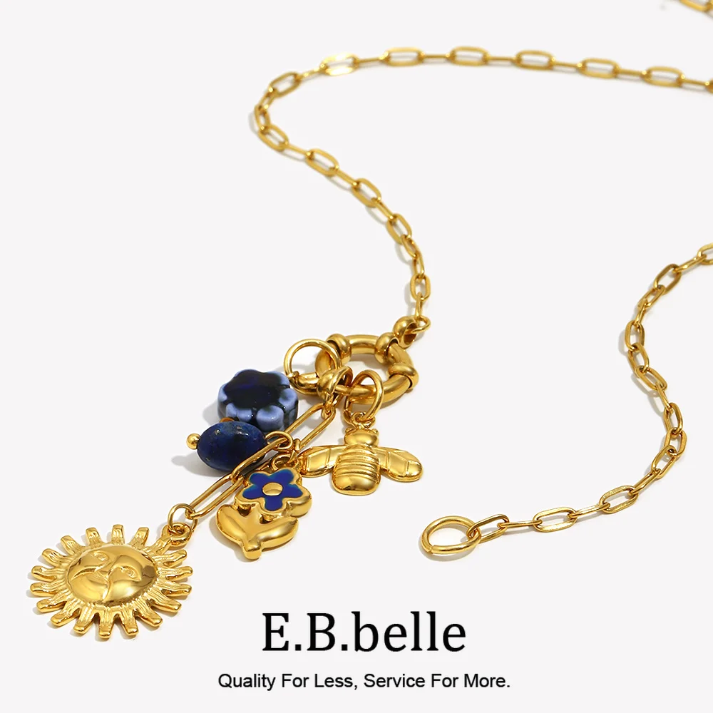 E.B.belle Summer Holiday Paper Clip Chain Flower Sun Pendant Necklace Stainless Steel 18K Gold Plated Women's Party Neck Jewelry