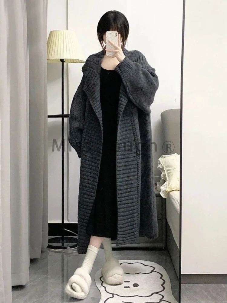 Autumn Winter Knitting Solid Long Sleeve Coat Women Vintage Chic Lapel Loose Long Cardigan Female Design Casual Warm Sweater New