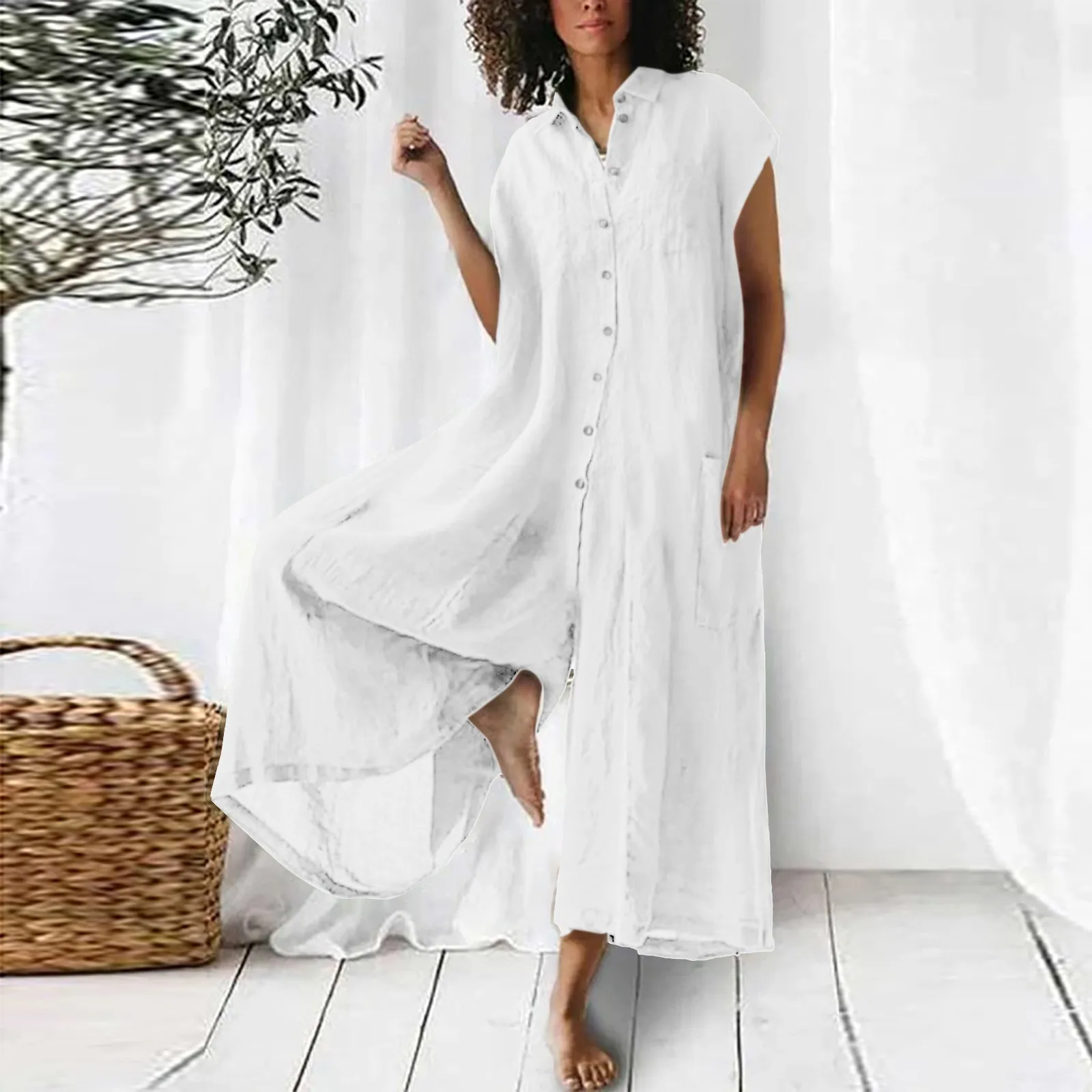 

Vintage Cotton Linen Shirt Jumpsuit Summer Harajuku Lapel Button Women Rompers Wide Leg Pants Plus Size Big Pocket Overalls