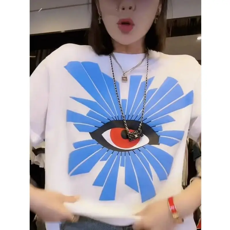 Cotton Blue Geometry Creative Eye Printed T Shirts Men Women High Street Fashion Graphic T-shirt Casual O-neck Summer Tees Tops