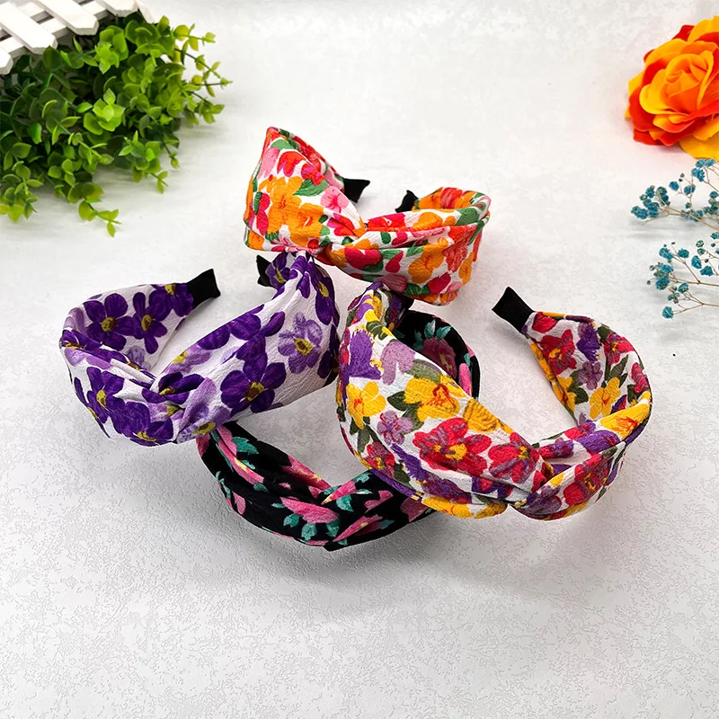 

Элитные дизайнерские летние широкие повязки на голову с цветочным принтом, окрашенные и декорированные, оптом