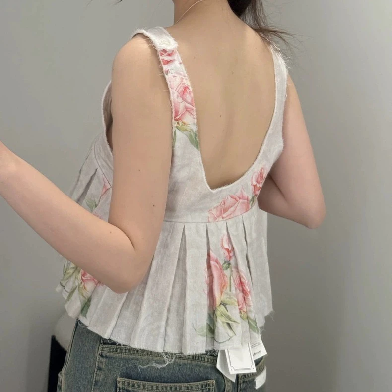 

Летний новый дизайн с принтом роз, жилет без бретелек, женский модный жилет из тонкого материала или длина, топ