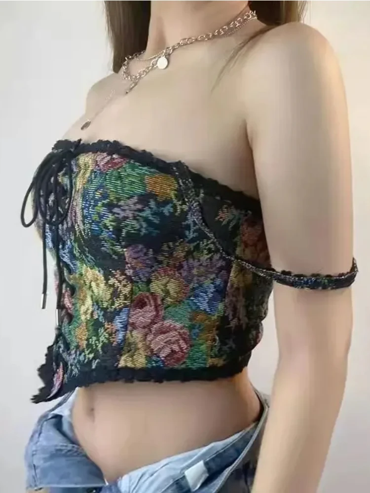 Summer Floral Embroidery Halter Tops Women Print Backless Sexy Vintage Camis Beach Party Korean Chic Casual High Street Clothing