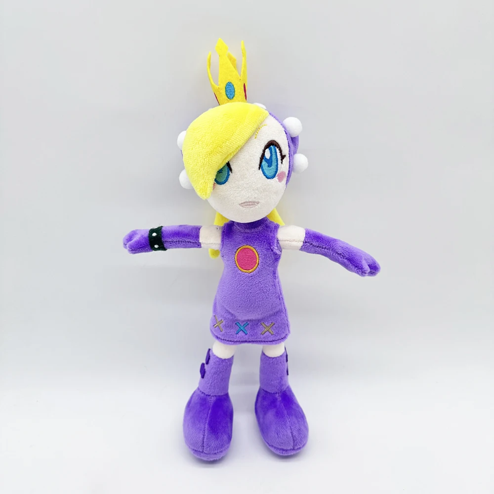 A little girl wearing purple clothes, blue hair, yellow eyes, plush toy with creative design, cute and cute, accompanying