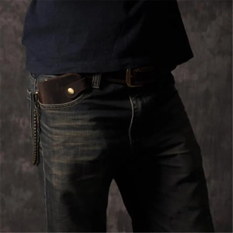 B161 Men's Iron Chain Anti-theft Crazy Horse Leather Wallet Retro Style Top Layer Cowhide Handbag