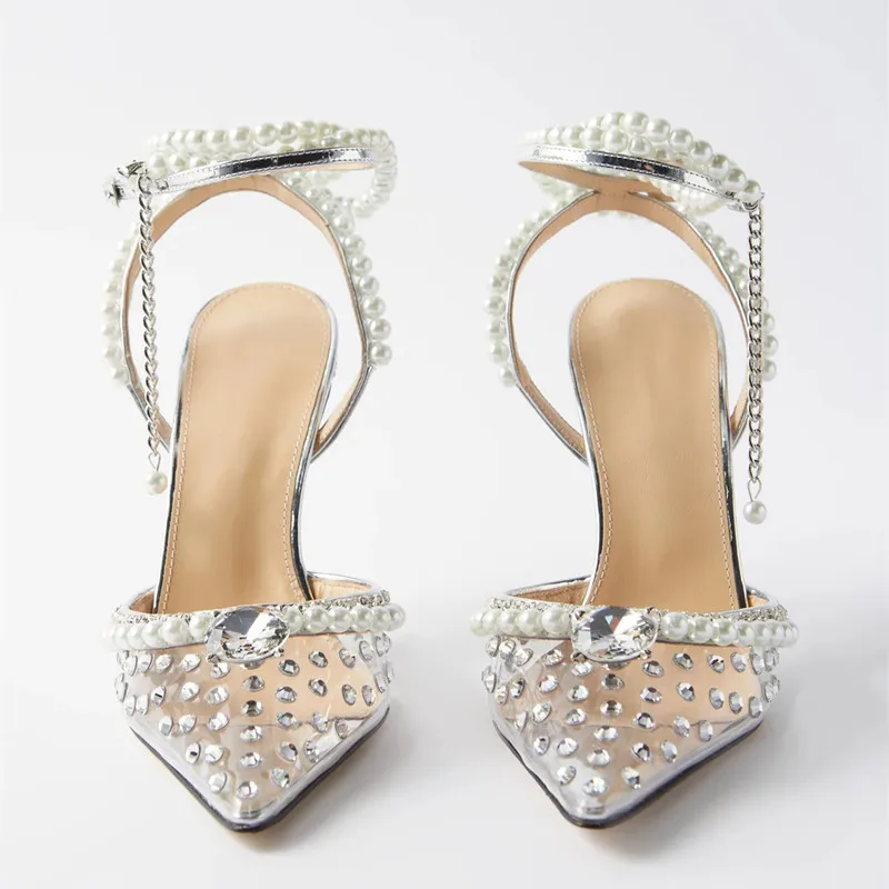 Luxury Rhinestones Pearls Transparent PVC Women Pumps Fashion Ankle Strap Bridal Thin High heels Summer Wedding Party Shoes