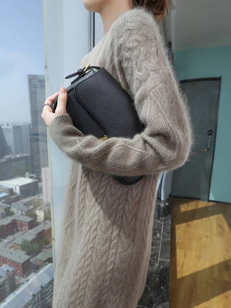 

TLOML Women100% Mink Cashmere Dress O-neck Cable knit Pullover Casual Style Autumn Winter Soft Warm Cashmere Knitted Thick Dress