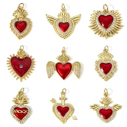 1Piece Religious Pendants Red Ex Voto Heart Enamel Clear Cubic Zirconia Gold Color Copper Charms For DIY Jewelry Necklace Making