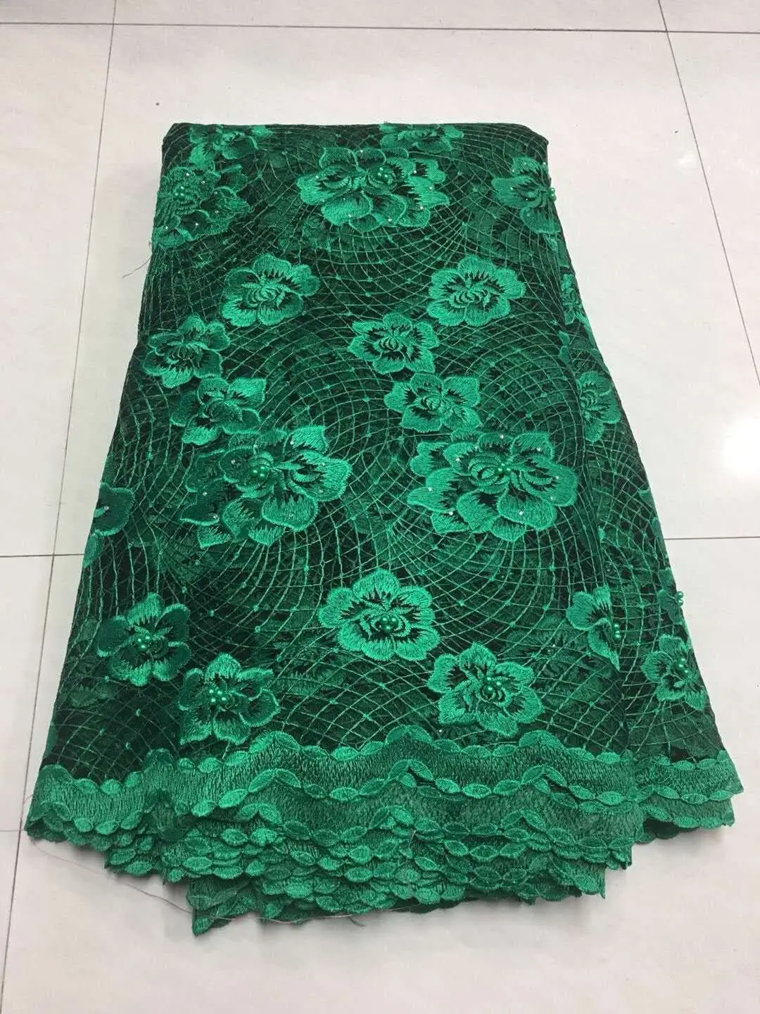 

French Bead Lace Fabric Green 2018 Latest African Mesh Tulle Lace Fabric 5Y Nigerian Guipure Lace Fabric High Quality ZJ013