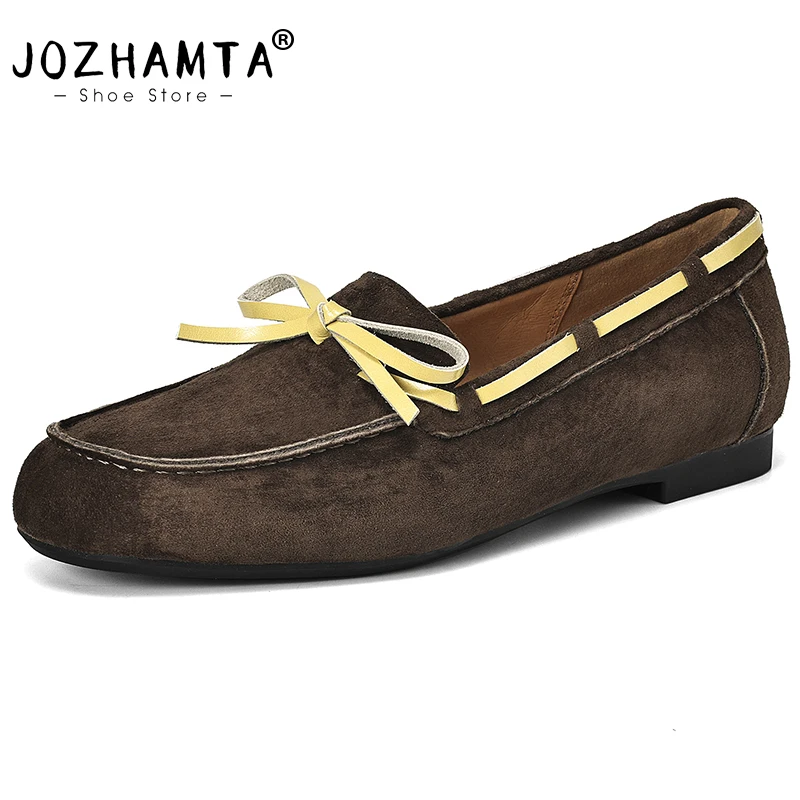 JOZHAMTA Casual Flats Loafers Shoes For Women Soft Suede Real Leather Low Heels Shoes Cute Bow Slip On Vintage Office Size 34-40