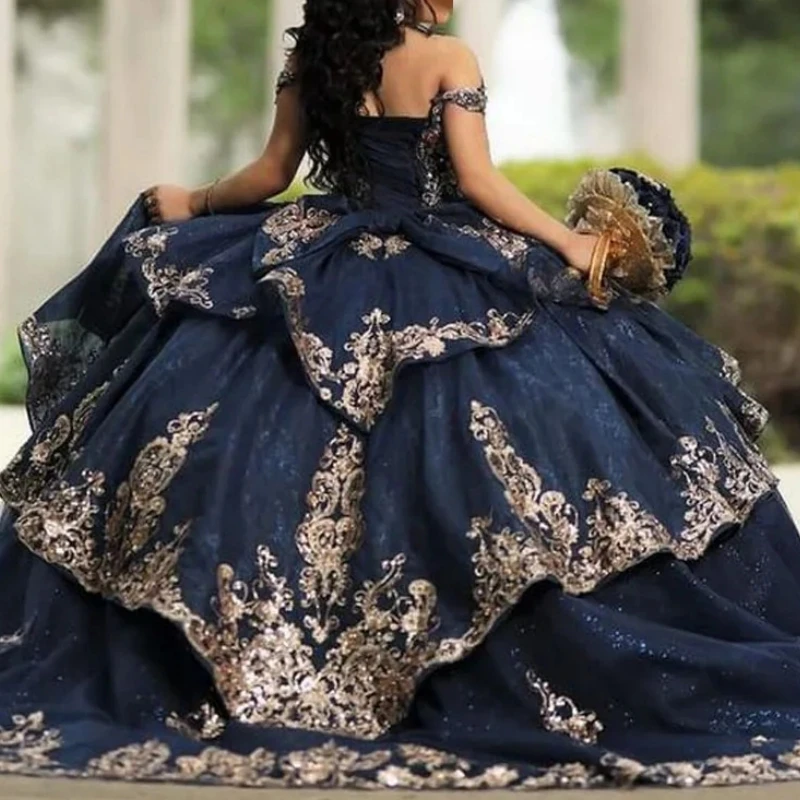 Customized Navy Blue Gold Women Birthday Party Dresses Off Shoulder Lace Applique Vestido De xv Anos Sweet 15 Quinceanera Prom