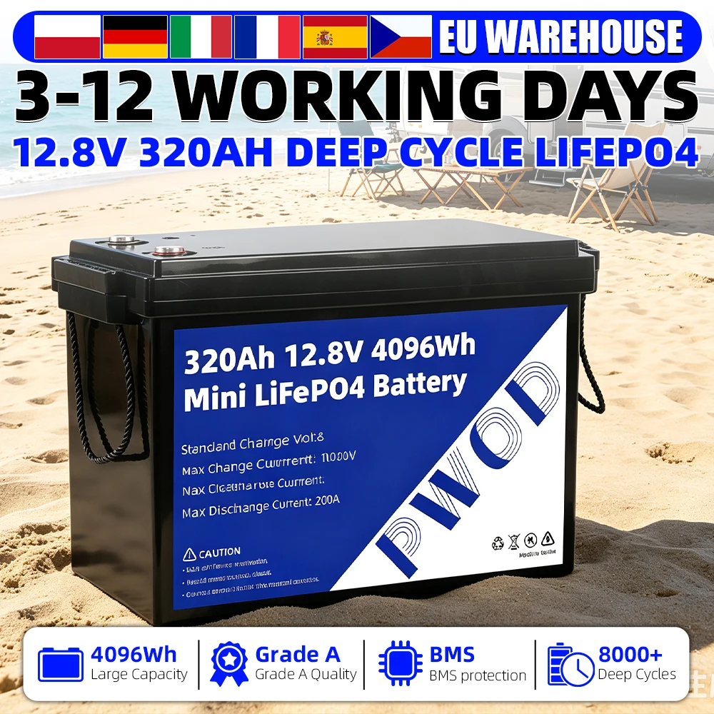 EU-Lager 320Ah 12V LiFePO4 Batteriepack 12,8V Wiederaufladbare Lithium-Eisenphosphat-Batterie DIY 24V 48V für Wohnmobil-Solarstrom-Camping