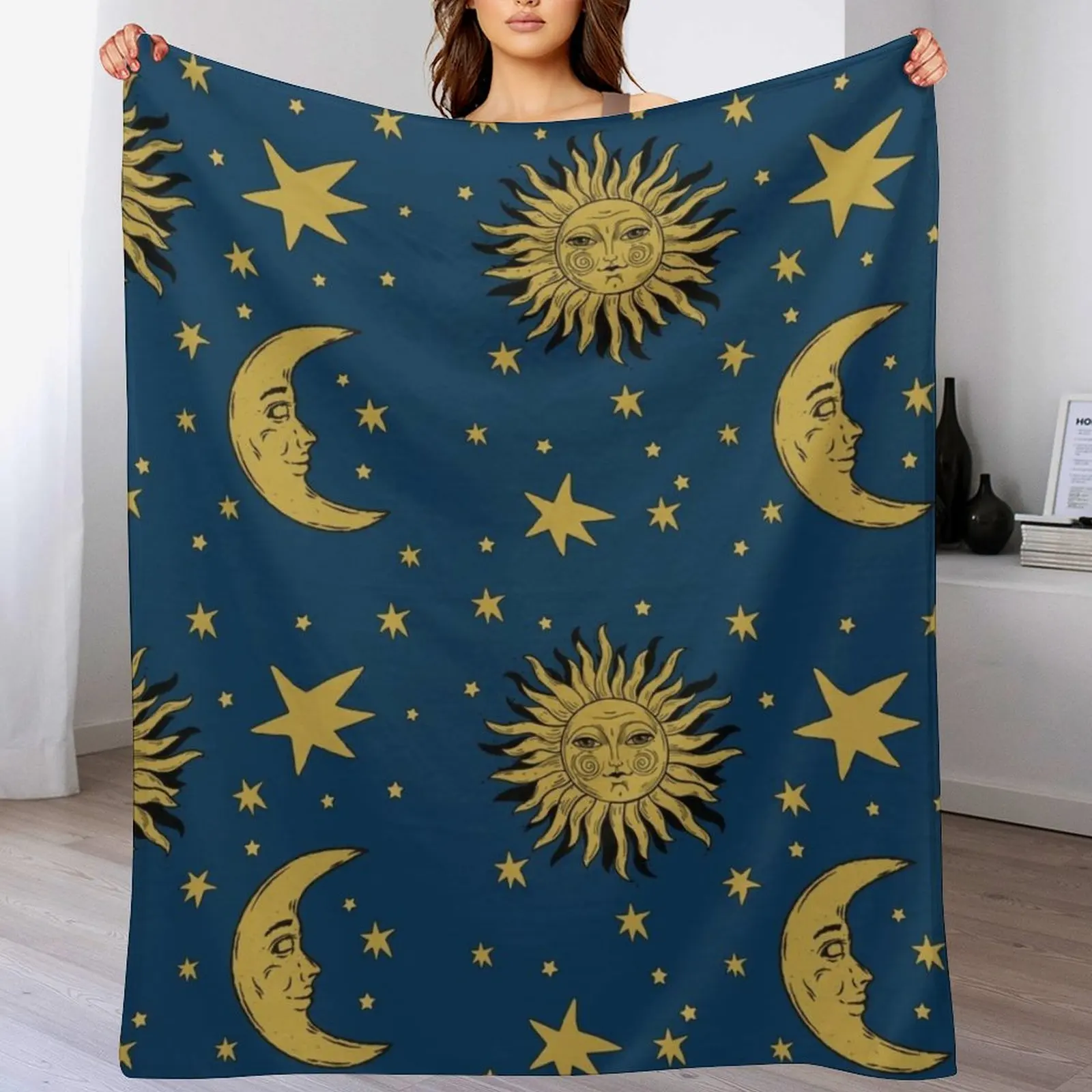 Anni \'90 Whimsi-goth Celestial Sun And Moon Pattern Throw coperta trapuntata letto plaid beautellow coperte