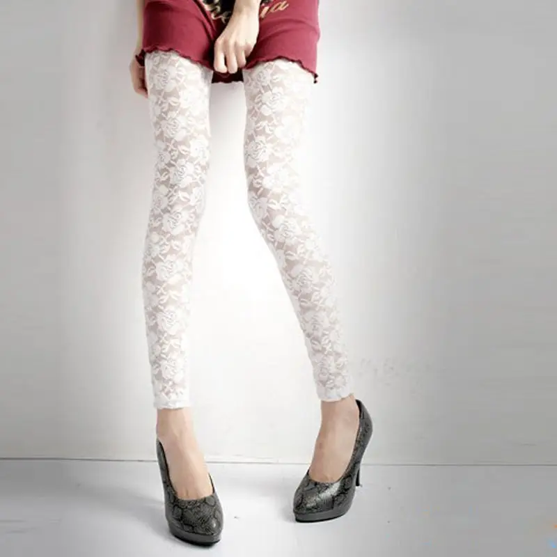 Women Sexy Lace Floral See Through Leggings Long Elastic Band High Waist Stretchy Pants Footless Tights Pantyhose Stockings