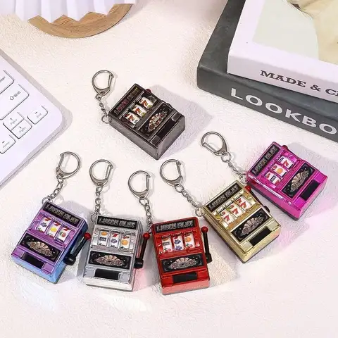 Fruit Slot Machine Keychains Lucky Jackpot Gambling Machine Mini Key Holder Coin Operated Games Stress Reliever Adult Toy