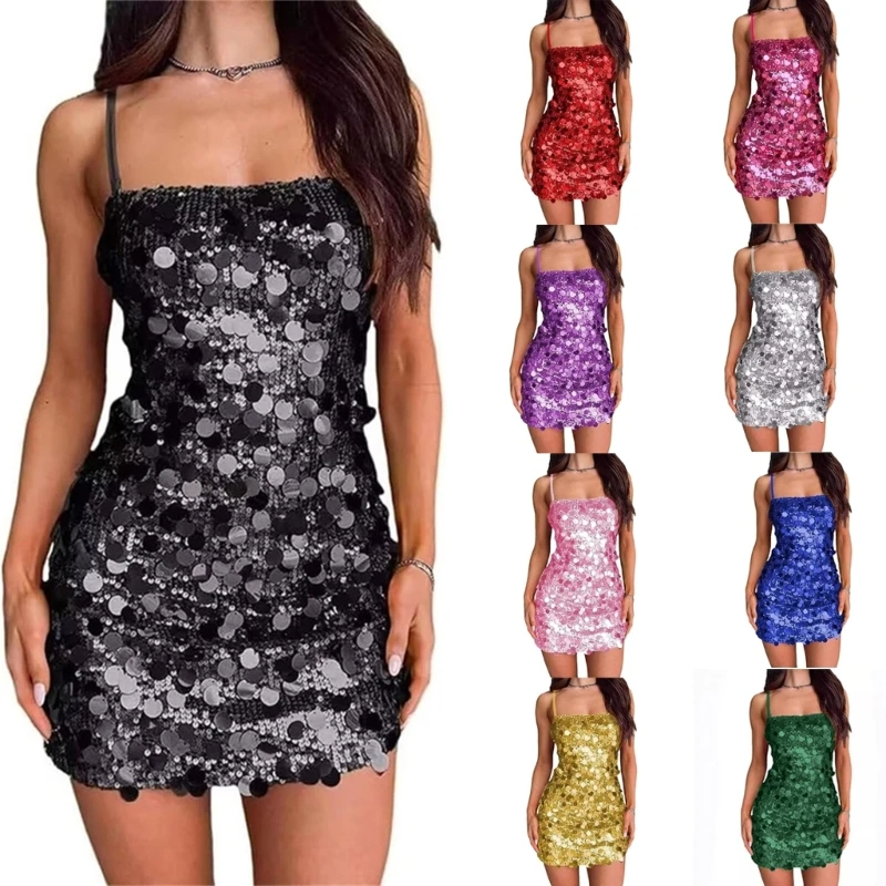 Fashionable Sequined Cami Dress for Women Glittering Backless Bodycon Mini Dress for Nightclub Parties P8DB