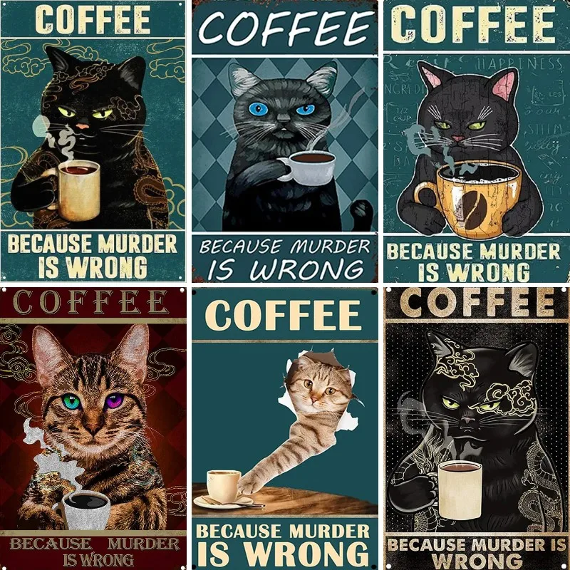 Vintage Metal Sign - Relax and Enjoy a Cup of Coffee with a Cute Cat - Funny Tin Signs for Cafe Wall Art