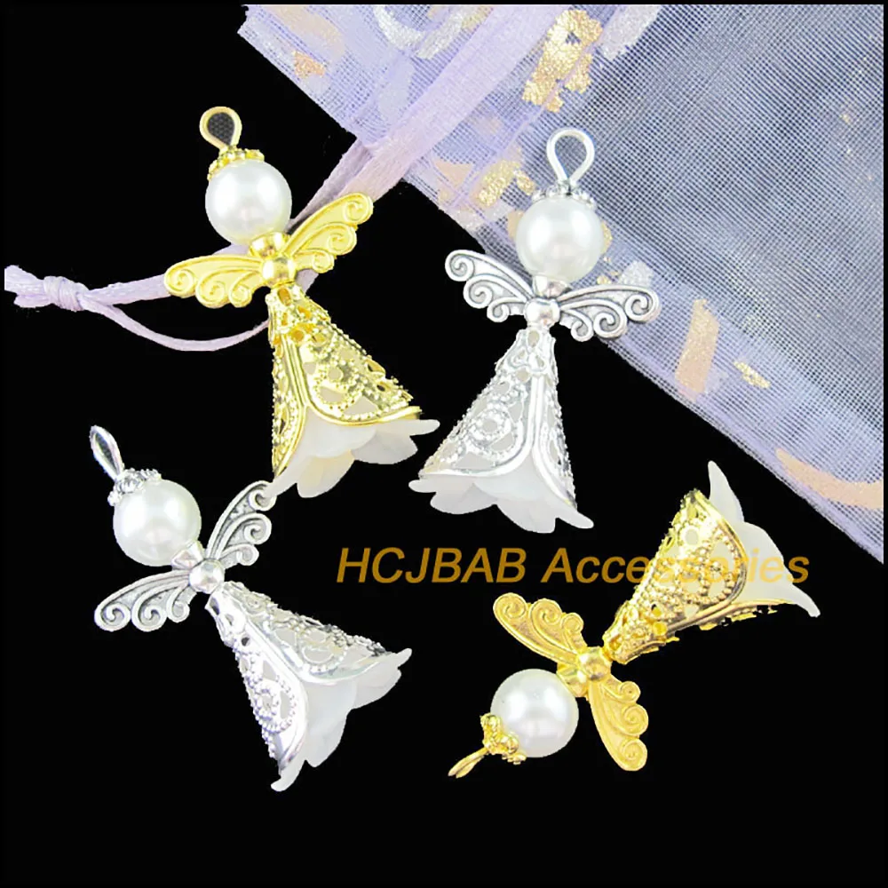 8 New Tibetan Silver Plated Gold Color Charms White Acrylic Angel Wings Pendants 22x37mm
