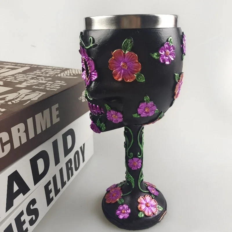 Purple Skull Flower Goblet Resin Steel Cup Creative Beer COFFEE Mug Gothic 3D Wine Glass Mugs Halloween Gift Death Day 200/400ML