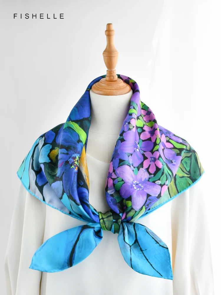 Bluish violet flower birds oil painting scarves women 100% natural silk twill 90*90 square scarf ladies bandana luxury hijab