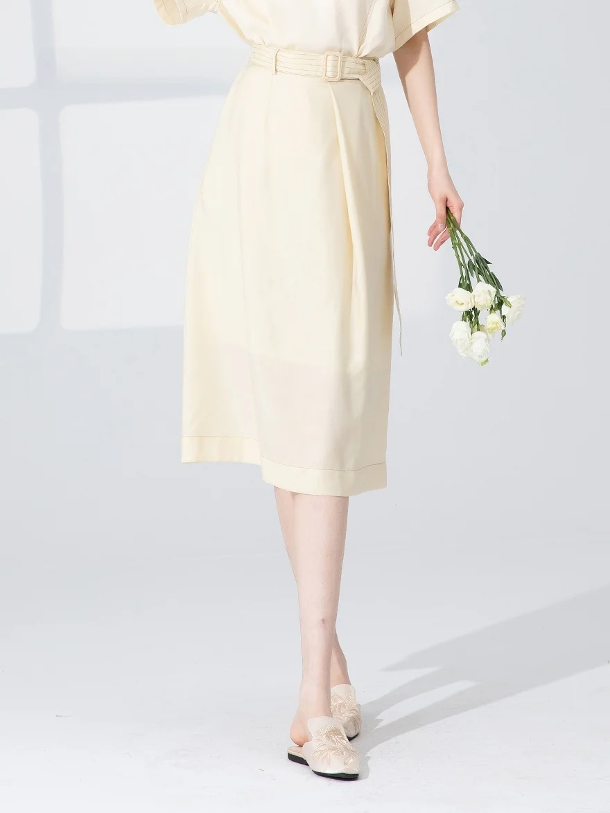 

Dailanzhi Summer New Waist-Cinching Belted Midi Pure Color Slim Fit One-Step Skirt High Waist A-Line Skirt Cosite Fabric