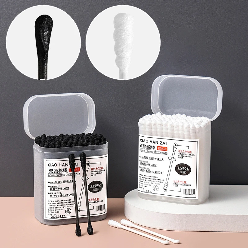 100Pcs/Box 2-in-1 Ear Digging Spoon Double Ended Cotton Stick Spiral Ear Cleaner Disposable Cleaning Black And White Cotton Swab