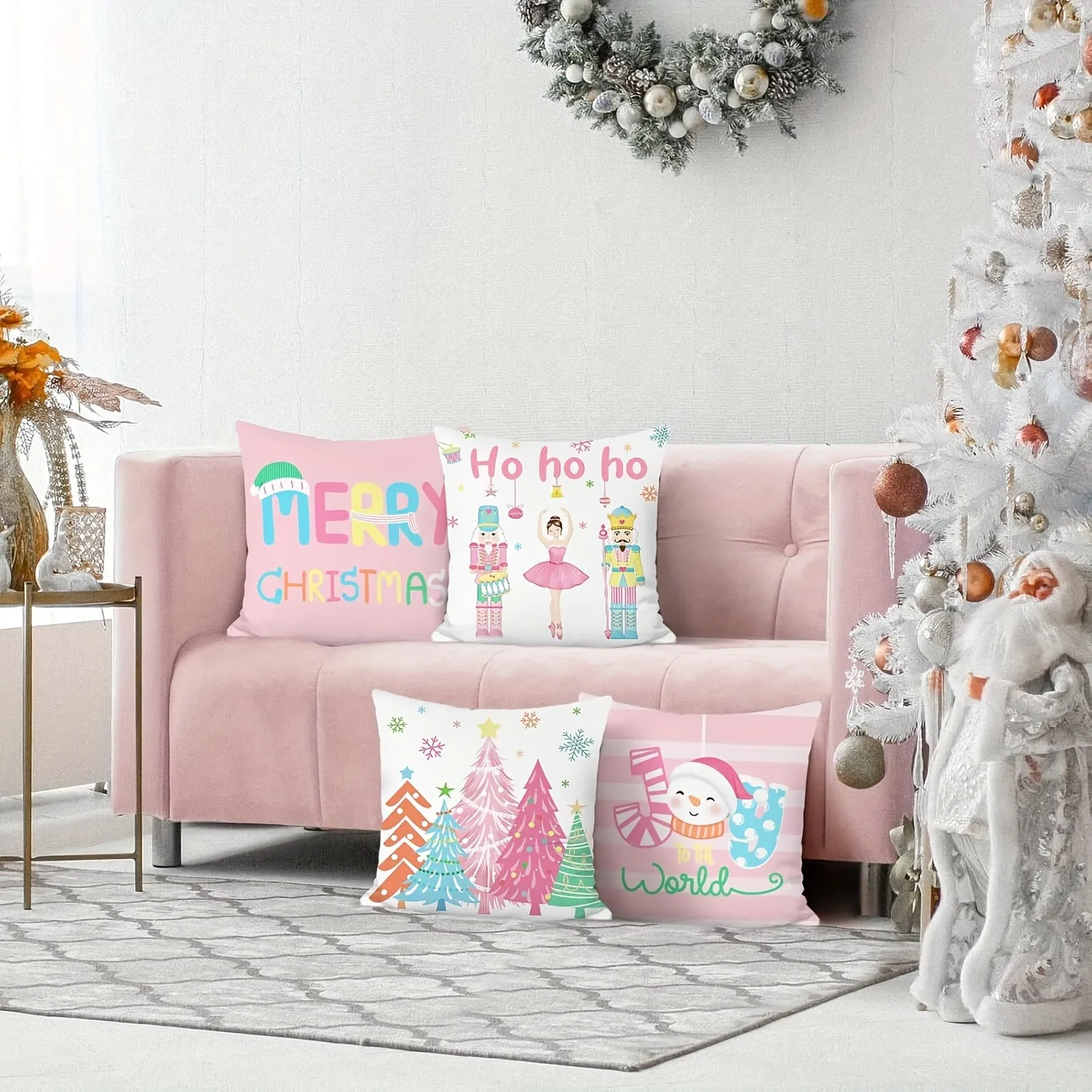 مهرجان Fundas de almohada navideñas: Feliz، Cascanueces، azboles y mucionesos de nieve، funda de cojín para sofá y habitación