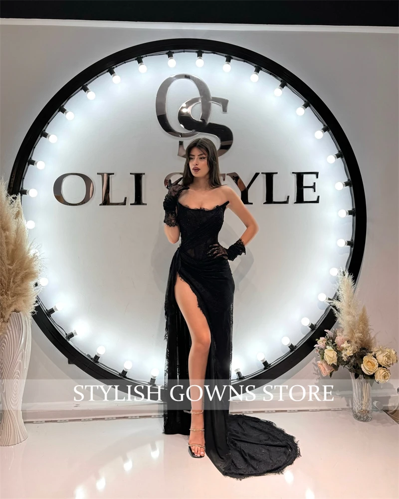 Black Strapless Evening Dresses Beautiful Women Dress Pleats Lace Birthday Prom High Slit Special Occasion Dress Customized