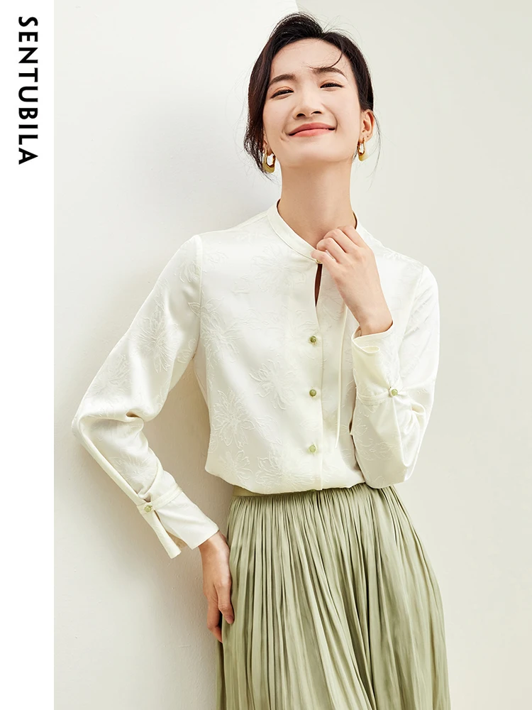

Sentubila Long Sleeve Shirt Women 2025 Autumn Chinese Jacquard Casual Shirt Stand Collar Elegant Blouse Button Top 133C50459